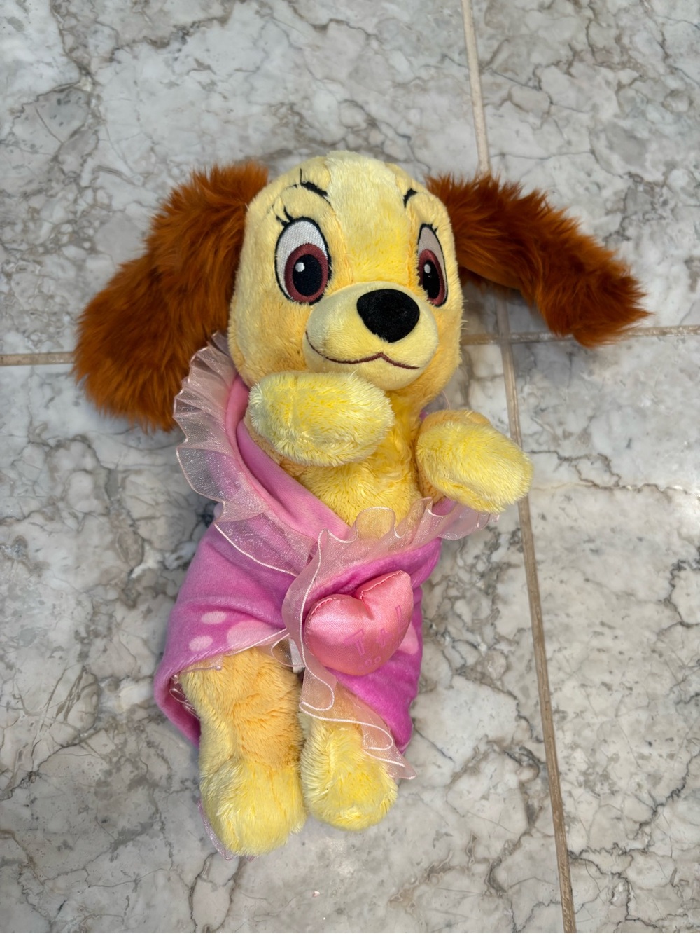 Plush Yellow & Brown Dog Toy with Pink Dress - Soft Pet Plush